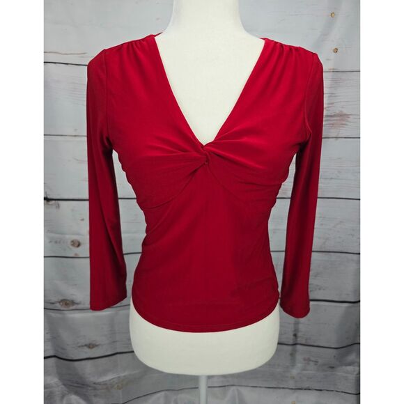 Y2K Petite Red Clubwear Fitted Twist Front V-Neck Top Blouse Bodycon - Picture 1 of 5